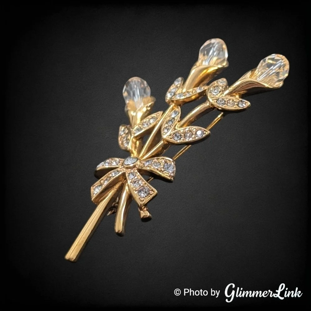 Vintage 90s Monet Floral Crystals Bouquet Bow Rhinestone Gold Tone Brooch